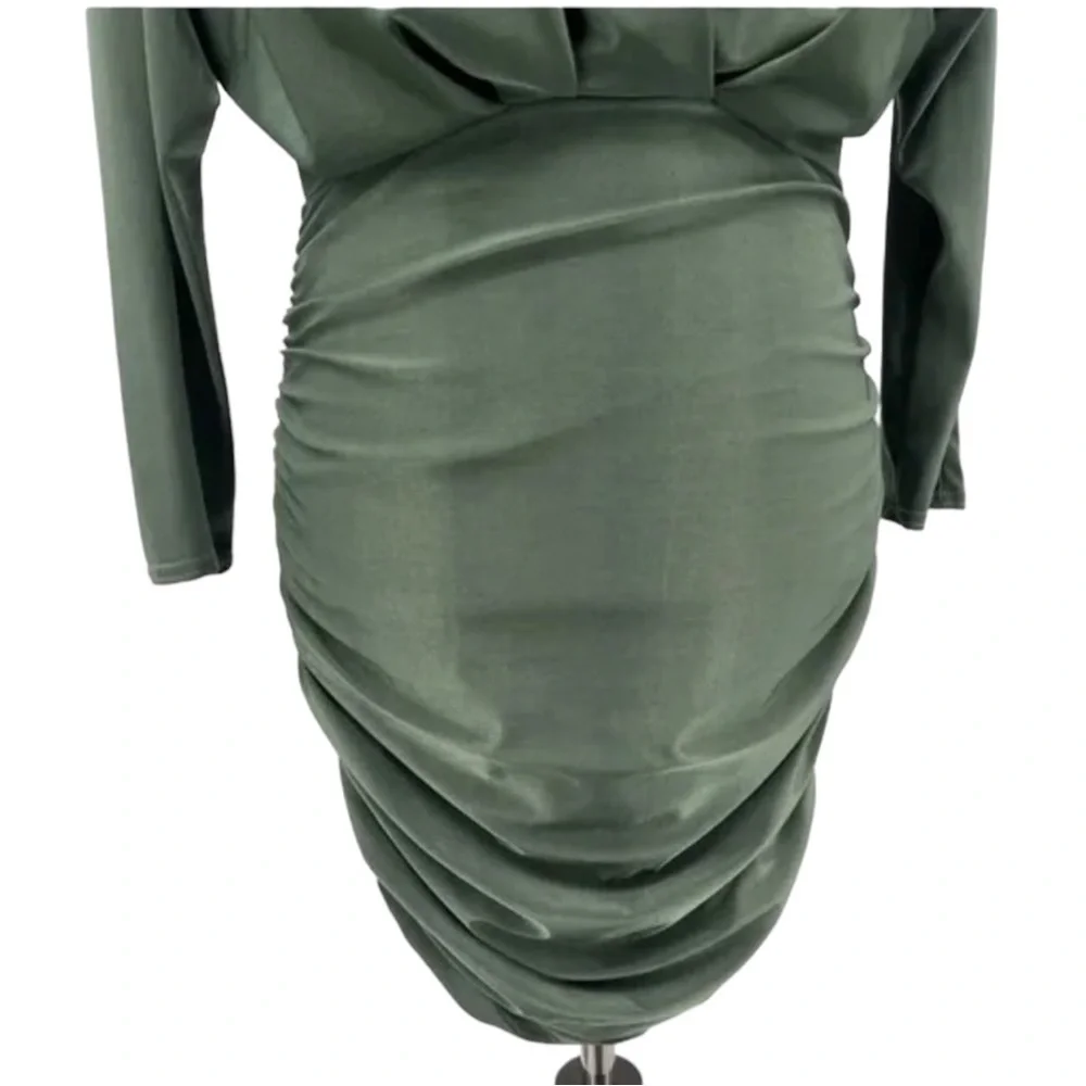 SOLD! Olive Green Surplice Batwing Midi Ruched Long Sleeve Dress Size Medium/8 - Picture 9 of 10